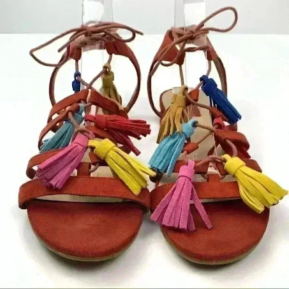 Forever 21 sandals size 8 39 burnt Orange faux suede tassel pom poms gladiator - Picture 2 of 13